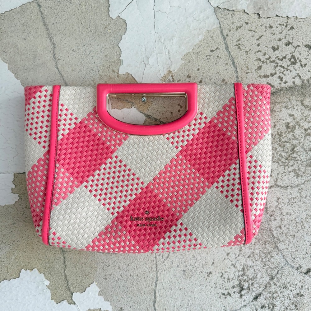 Kate Spade Clutch Bag Woven Straw Pink Gingham Handbag Tote Magnetic Frame Purse